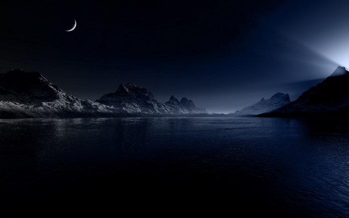 Night landscape with crescent moon and mountains