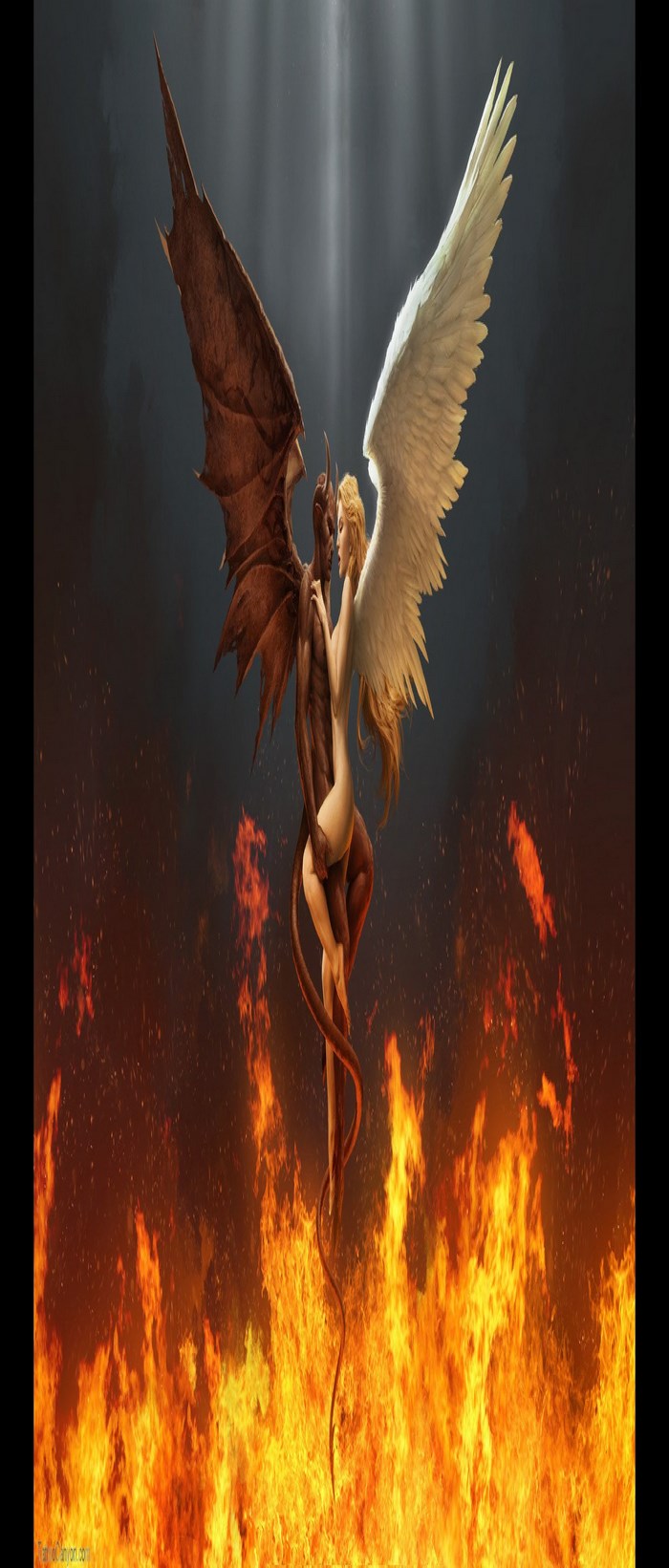 Angel and Demon Embracing Amidst Flames