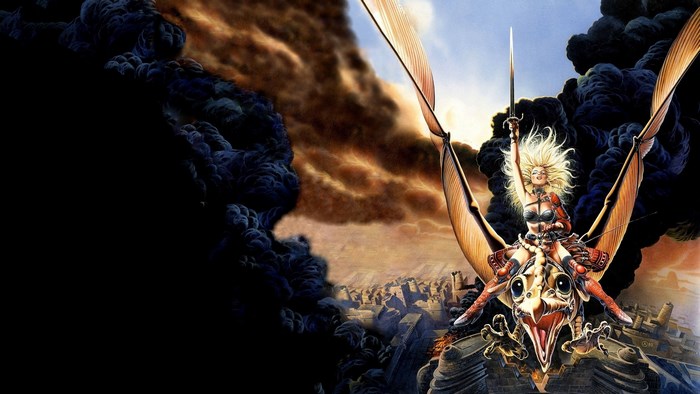 Woman riding a winged creature over a ruined city