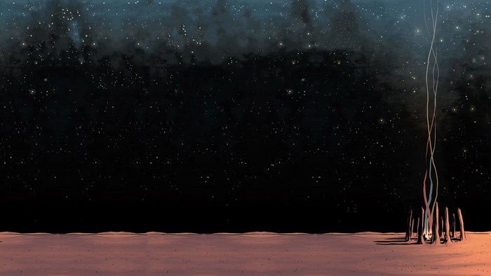 Alien landscape with starry sky and glowing structure