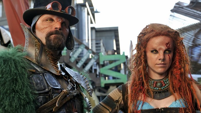 Two post-apocalyptic characters in steampunk attire
