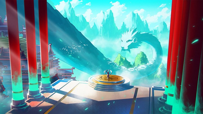 Duelyst: Dragon spirit and warrior on a platform
