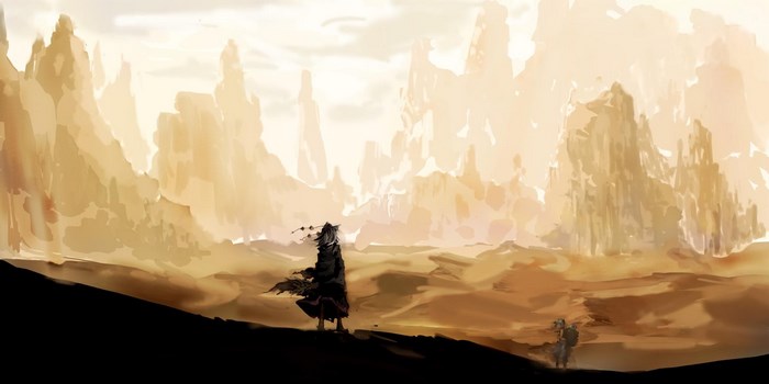 Two figures in a desolate, rocky landscape