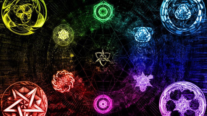 Abstract geometric symbols in a rainbow spectrum