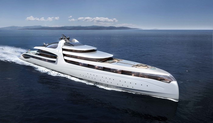 Futuristic white superyacht sailing on the ocean