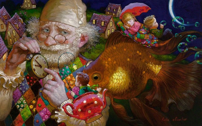 Old Man with Clock and Children on Goldfish