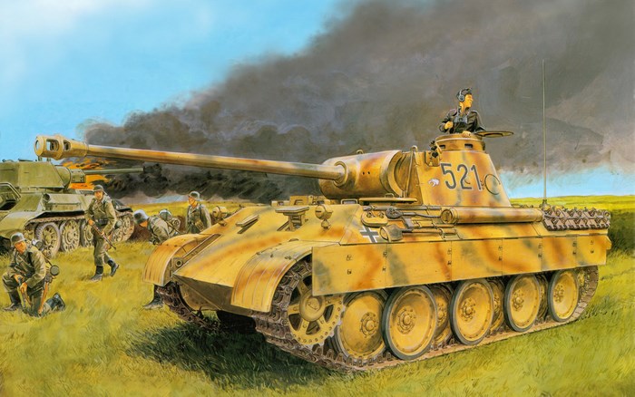 Panther tank with soldiers in battle
