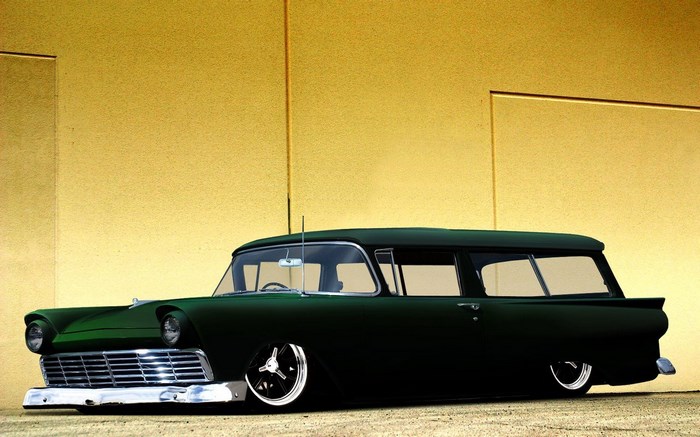 Green Ford Station Wagon with Custom Wheels
