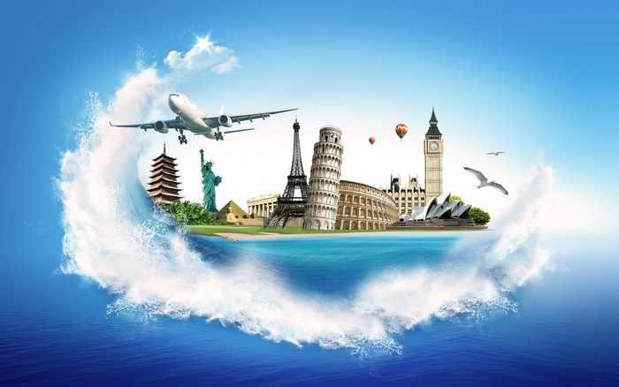 Travel collage with landmarks and airplane over ocean wave