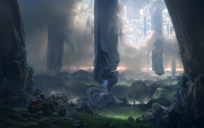 Halo 4 landscape with UNSC Warthog and Forerunner structures