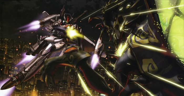 Macross mecha fighting a monster over a city at night