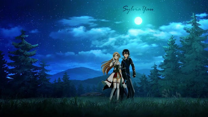 Kirito and Asuna from Sword Art Online under the night sky