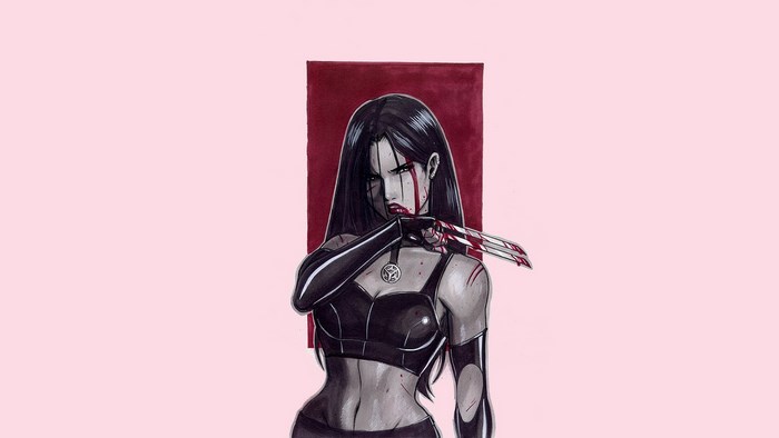 Woman with knife and blood