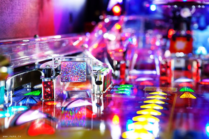 Close-up of a colorful pinball machine