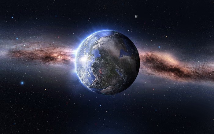Planet Earth in Space with Galaxy and Moon