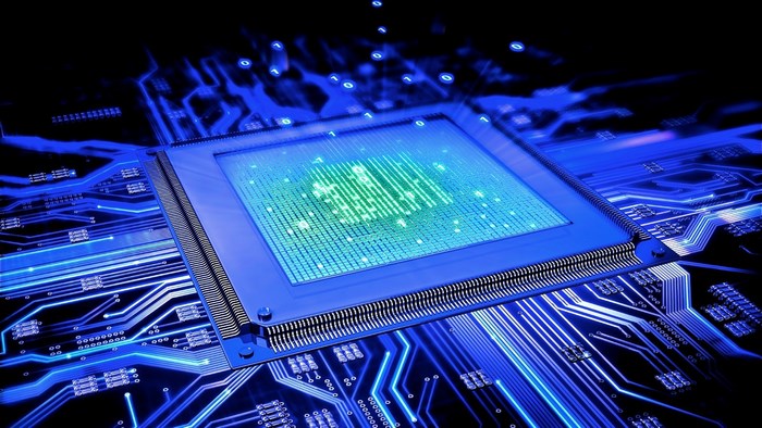 Close-up of a computer processor on a blue circuit board