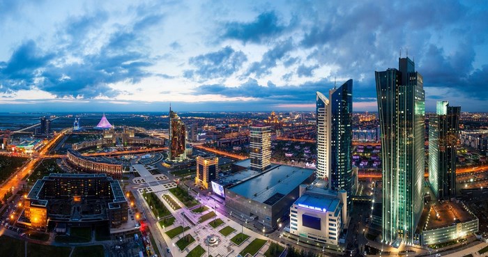 Astana city skyline at dusk with modern skyscrapers