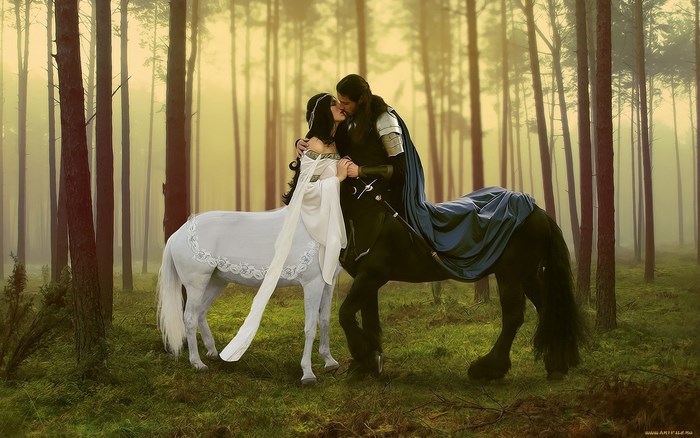 Centaur couple kissing in a misty forest
