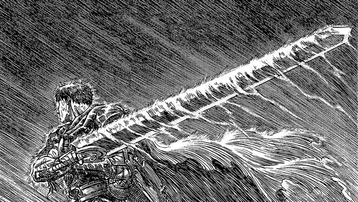 Guts with the Dragonslayer sword in Berserk