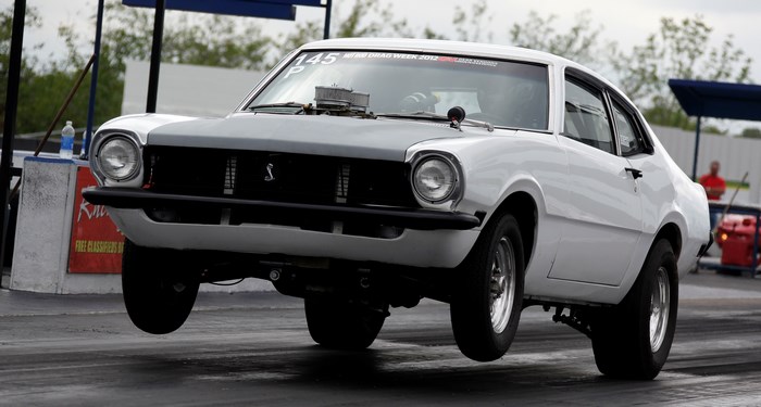 White Ford Maverick drag racing