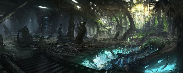 Fantasy landscape with overgrown ruins and glowing water