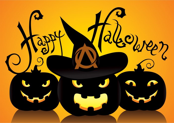 Happy Halloween pumpkins with witch hat