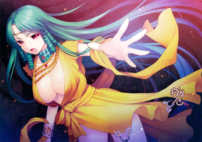 Anime girl with long teal hair in yellow dress