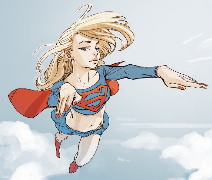 Supergirl flying through clouds