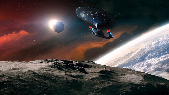 Star Trek: The Next Generation spaceship near planets