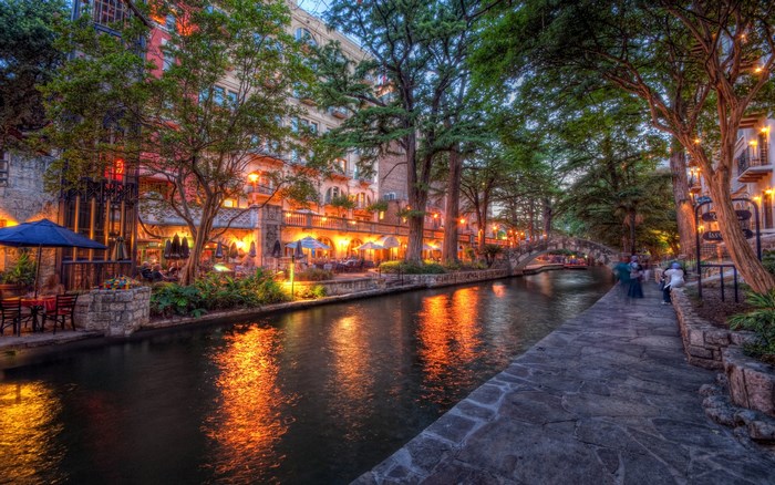 San Antonio Riverwalk at dusk with outdoor dining