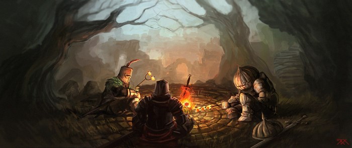 Dark Souls characters resting by a bonfire