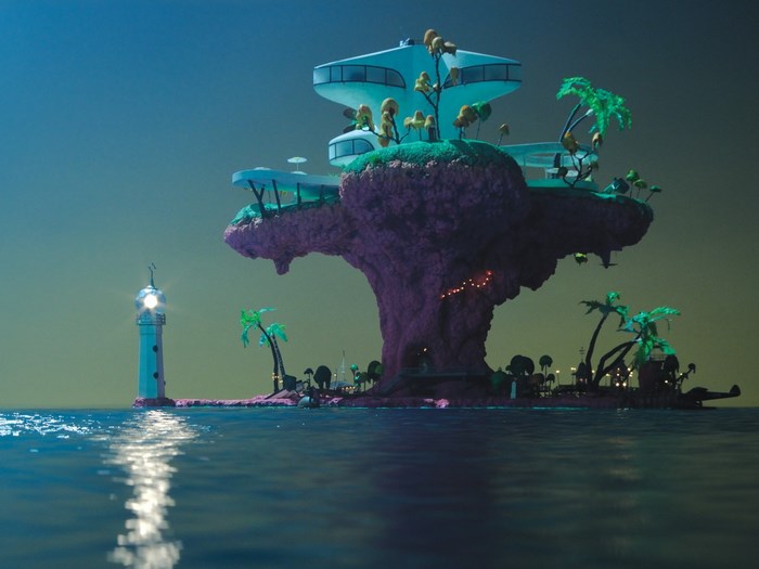 Gorillaz island with lighthouse and futuristic buildings