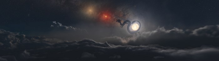 Dragon circling the moon in a cloudy night sky