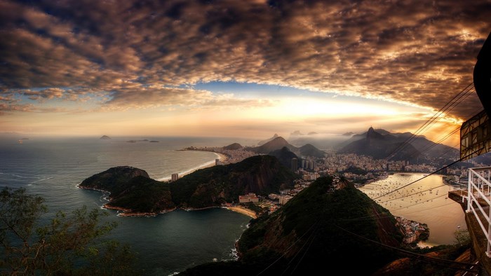 Rio de Janeiro cityscape and coastline at sunset