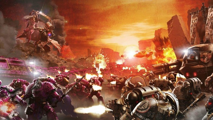 Warhammer 40,000 battle scene with Space Marines