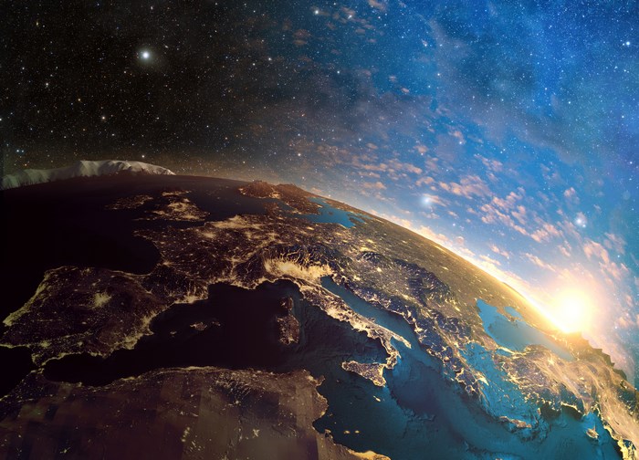 Earth from space at sunrise over Europe