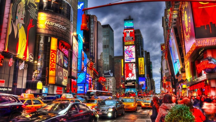 Times Square New York City with traffic and billboards