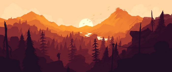 Firewatch landscape with mountains and forest at sunset