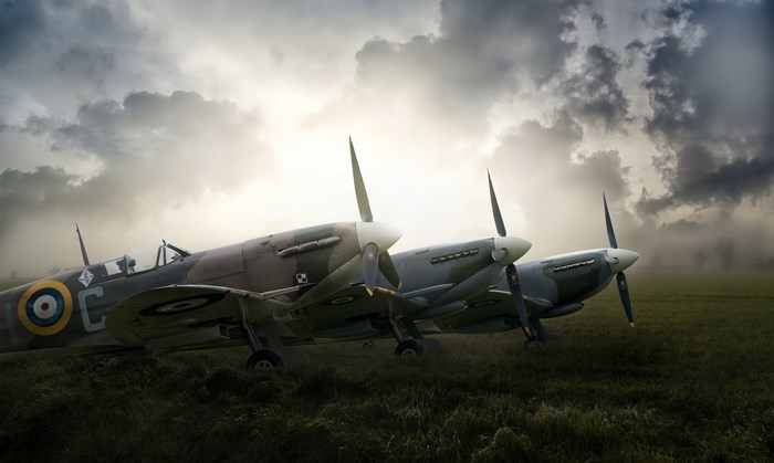 Supermarine Spitfires lined up in a field