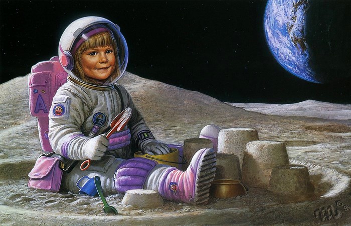 Girl in astronaut suit on the moon building sandcastles
