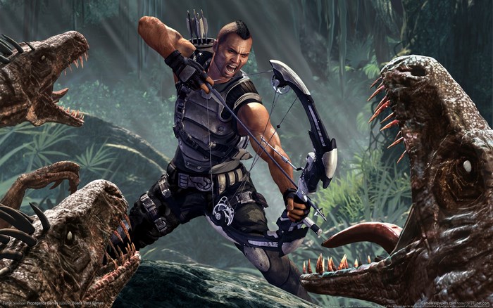 Turok fighting dinosaurs with a bow