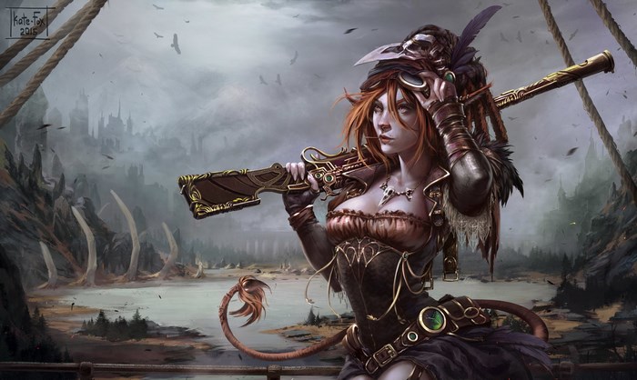 Steampunk woman with rifle and telescope