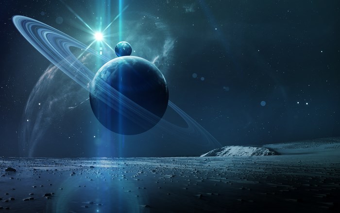Planets with rings and moons in space
