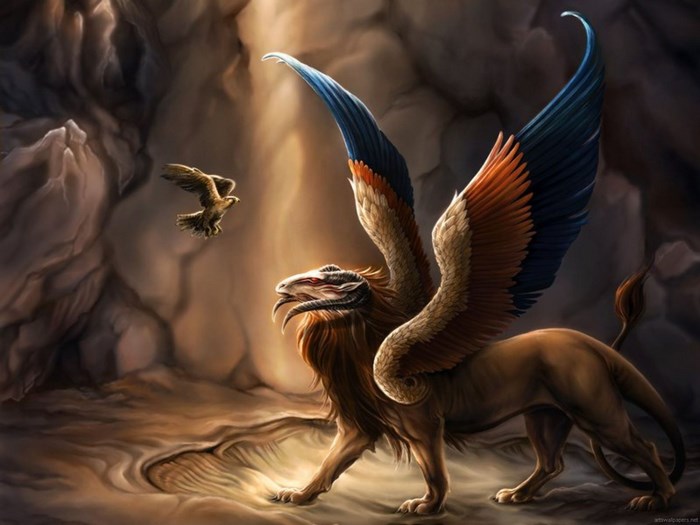 Griffin and bird in a cave