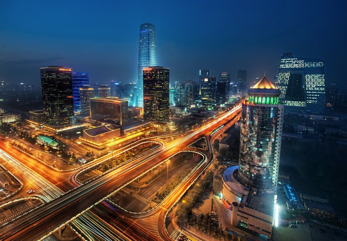 Beijing Cityscape at Night with Light Trails