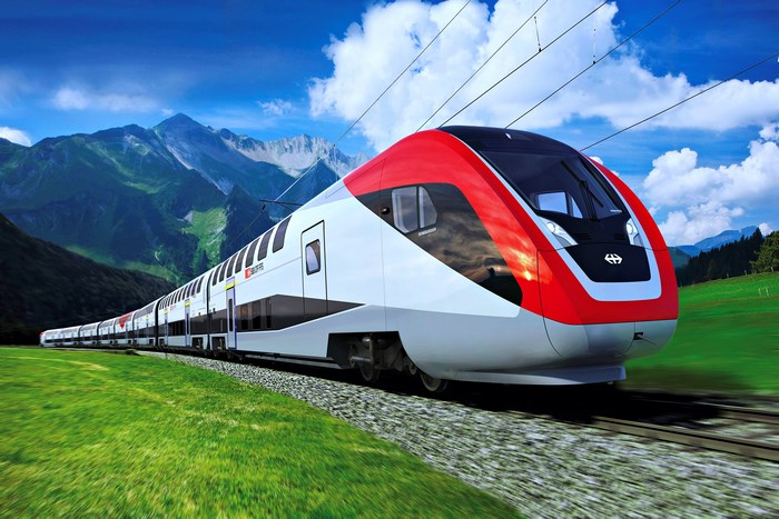 Modern high-speed train in Swiss Alps