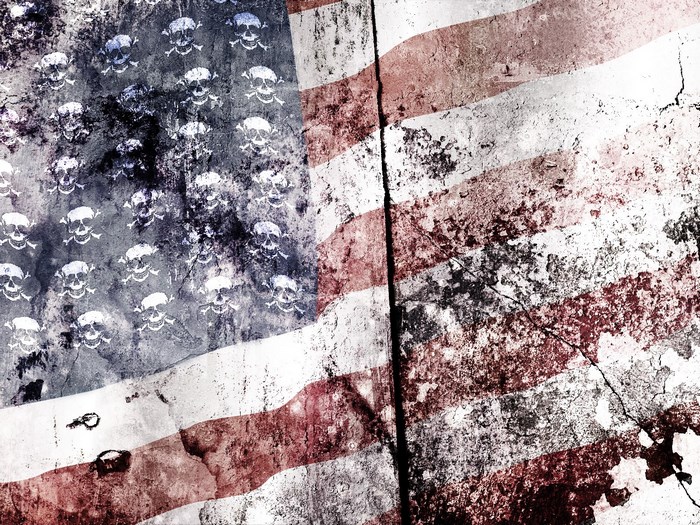 American flag with skulls and grunge texture