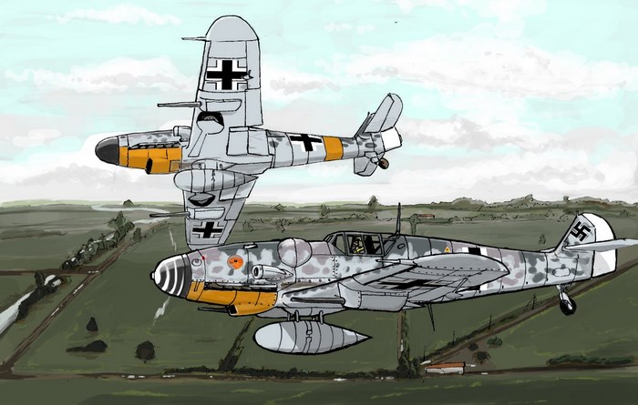 Two Messerschmitt Bf 109 aircraft flying over a landscape