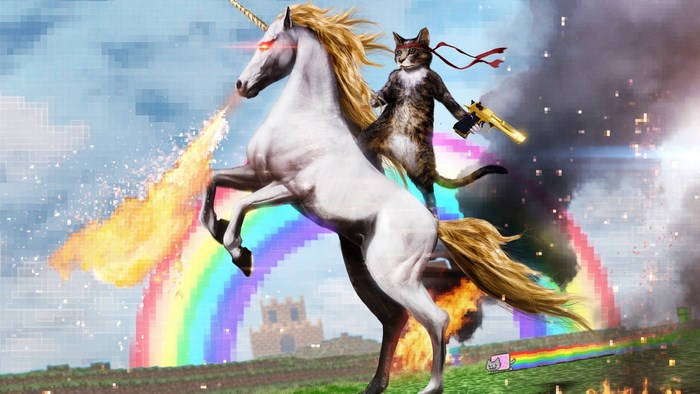 Cat riding a unicorn shooting fire
