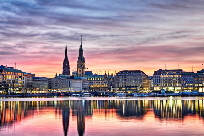 Hamburg skyline at sunset with reflections